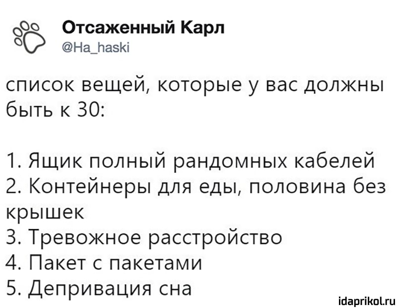 00 Отсаженный Карл НаЩазКі список вещей которые у вас должны быть к 30 1 Ящик полный рандомных кабелей 2 Контейнеры для еды половина без крышек 3 Тревожное расстройство 4 Пакет с пакетами 5 Депривация сна ібаргіКпЦи