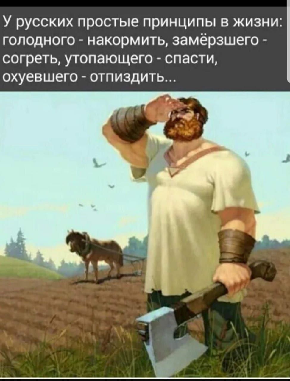 У русских простые принципы в жизни голодного накормить замёрзшего согреть утопающего спасти охуевшего отпиздить