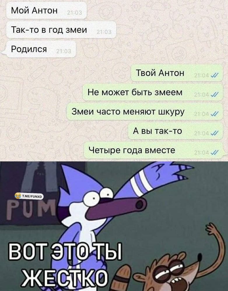 Мой Антон Такйто в год змеи Родился Твой Антон Не может быть змеем Змеи часто меняют шкуру А вы такйто Четыре года вместе