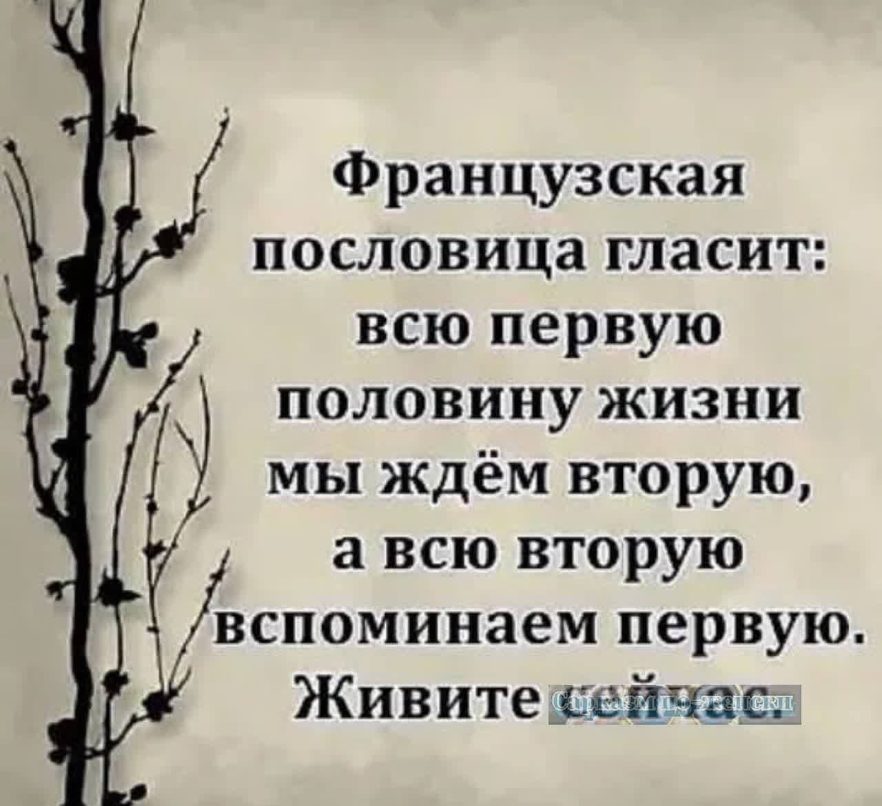 Французская пословица гласит всю первую половину жизни мы ждём вторую а всю вторую вспоминаем первую Живите сейчас