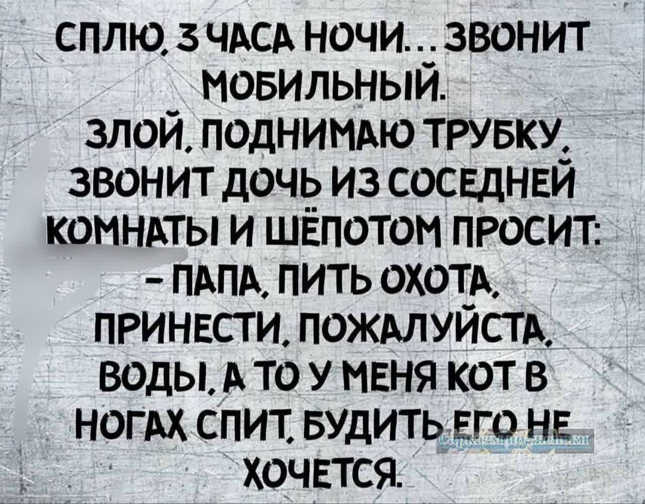 СПЛЮ ЧАСА НОЧИ ЗВОНИТ МОБИЛЬНЫЙ ЗЛОЙ ПОДНИМАЮ ТРУБКУ ЗВОНИТ ДОЧЬ ИЗ СОСЕДНЕЙ КОМНАТЫ И ШЁПОТОМ ПРОСИТ ПАПА ПИТЬ ОХОТА ПРИНЕСТИ ПОЖАЛУЙСТА ВОДЫ А ТО У МЕНЯ КОТ В НОГАХ СПИТ БУДИТЬЕГО НЕ ХОЧЕТСЯ