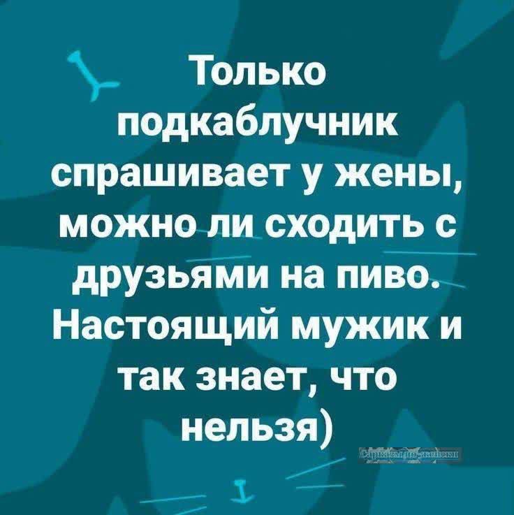 Только подкаблучник спрашивает у жены можно ли сходить с друзьями на пиво_ Настоящий мужик и так знает что нельзя