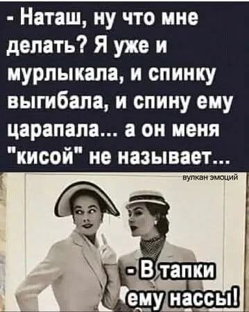 - Наташ, ну что мне делать? Я уже и мурлыкала, и спинку выгибала, и спину ему царапала... а он меня 