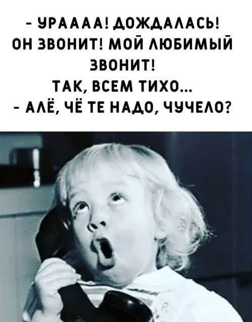 - УРААА! ДОЖДАЛАСЬ! ОН ЗВОНИТ! МОЙ ЛЮБИМЫЙ ЗВОНИТ! ТАК, ВСЕМ ТИХО... - АЛЁ, ЧЁ ТЕ НАДО, ЧУЧЕЛО?