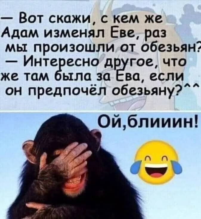 — Вот скажи, с кем же Адам изменял Еве, раз мы произошли от обезьян?
— Интересно другое, что же там была за Ева, если он предпочёл обезьяне?^^

Ой, блин!