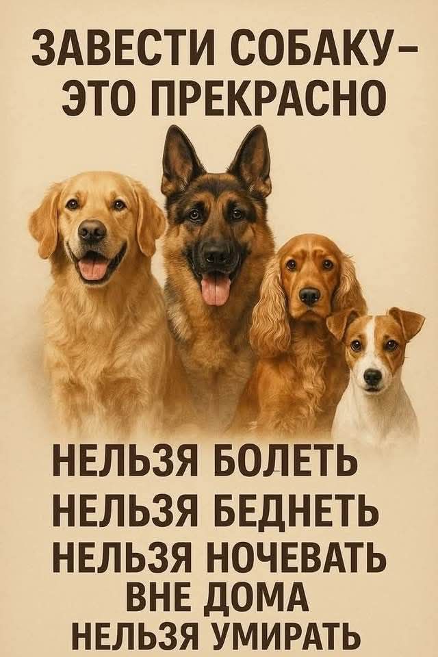 ЗАВЕСТИ СОБАКУ– ЭТО ПРЕКРАСНО
НЕЛЬЗЯ БОЛЕТЬ
НЕЛЬЗЯ БЕДНЕТЬ
НЕЛЬЗЯ НОЧЕВАТЬ
ВНЕ ДОМА
НЕЛЬЗЯ УМИРАТЬ