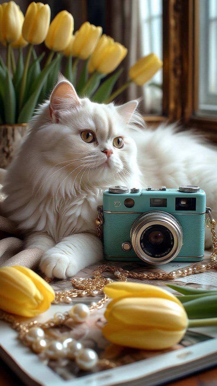 Белый кот рядом с яркой камерой и букетом тюльпанов