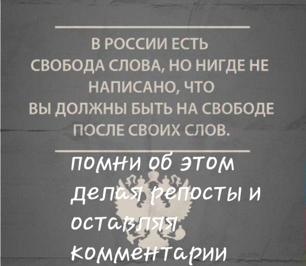 В РОССИИ ЕСТЬ СВОБОДА СЛОВА НО НИГДЕ НЕ НАПИСАНО ЧТО ВЫ ДОЛЖНЫ БЫТЬ НА СВОБОДЕ ПОСЛЕ СВОИХ СЛОВ деп от и ОСТОЬ комм арии