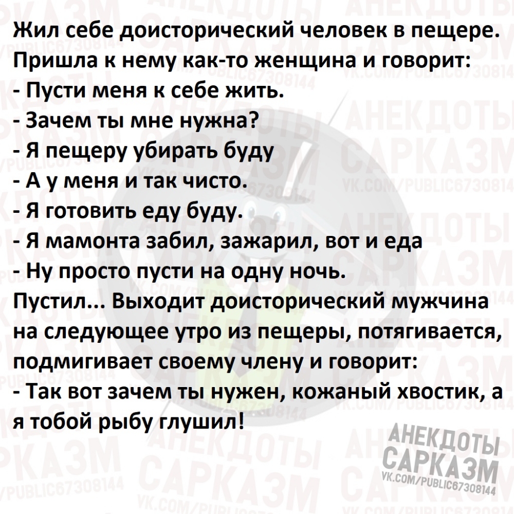 Жил себе доисторический человек в пещере Пришла к нему как то женщина и говорит Пусти меня к себе жить Зачем ты мне нужна я пещеру убирать буду А у меня и так чисто Я готовить еду буду я мамонта забил зажарил вот и еда Ну просто пусти на одну ночь Пустил Выходит доисторический мужчина на следующее утро из пещеры потягивается подмигивает своему члену и говорит Так вот зачем ты нужен кожаный хвостик