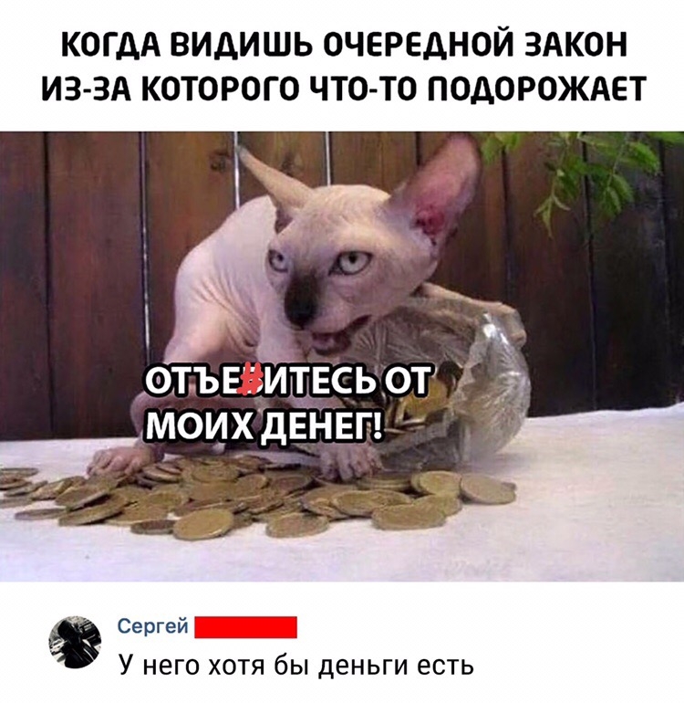 КОГДА ВИДИШЬ ОЧЕРЕДНОЙ ЗАКОН ИЗ ЗА КОТОРОГО ЧТО ТО ПОДОРОЖАЕТ ОЪЪЕВИЦЕСЬ от дмоихдвнвг Сергей У НЕГО ХОТЯ бЫ ДЕНЬГИ ЕСТЬ