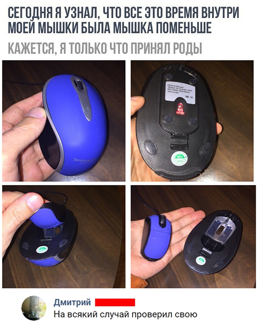 СЕГОДНЯ Я УЗНАЛ ЧТО ВСЕ ЭТО ВРЕМЯ ВНУТРИ МПЕИ МЫШКИ БЫЛА МЫШКА ПОМЕНЬШЕ МЕ 3 ШГЫШ ПРИЦЕП РЮДЫ дмитрий _ На всякий случай проверил свою
