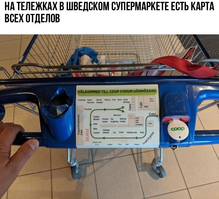 НА ТЕЛЕЖКАХ В ШВЕДСКПМ ПУПЕРМАРКЕТЕ ЕСТЬ КАРТА ВСЕХ ПТДЕЛПВ