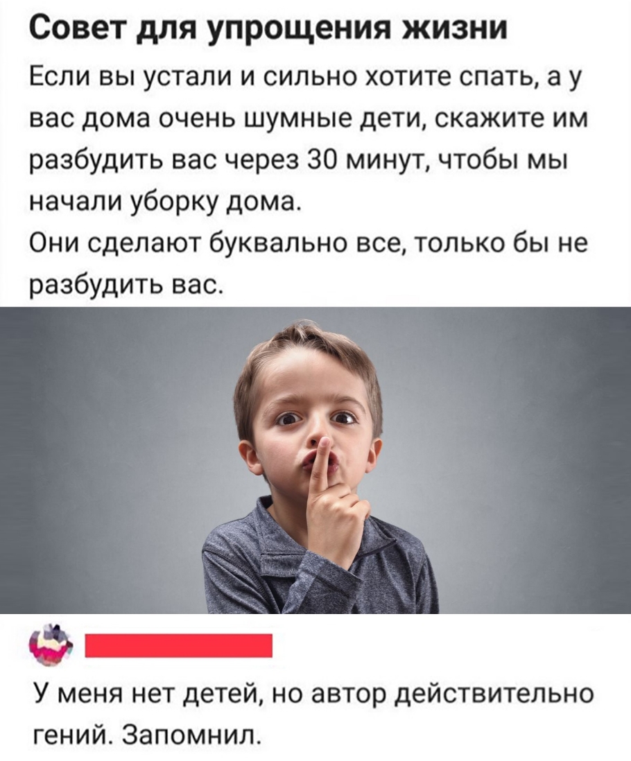 Совет для упрощения жизни Если вы устали и сильно хотите спать а у вас дома очень шумные дети скажите им разбудить вас через 30 минут чтобы мы начали уборку дома Они сделают буквально все только бы не разбудить вас мч У меня нет детей но автор действительно гений Запомнил