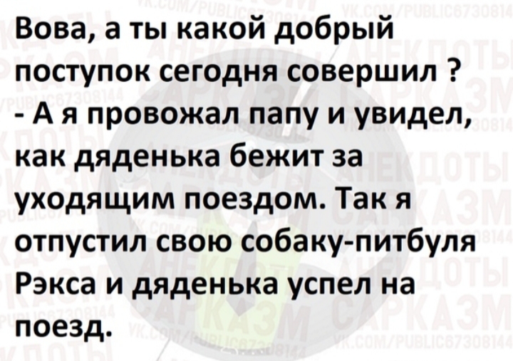 Вова а ты какой добрый поступок сегодня совершил А я провожал папу и увидел как дяденька бежит за уходящим поездом Так я отпустил свою собаку питбуля Рэкса и дяденька успел на поезд