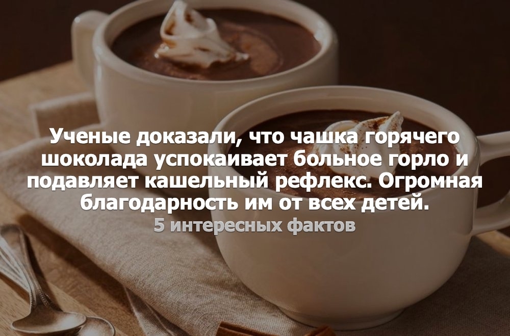 Ученые доказали что чашка гбрячегоё шоколада успойаивает больное горло подавляет кашельный рефлекс Огромная благодарность им от всех детей 5 интересных фактов