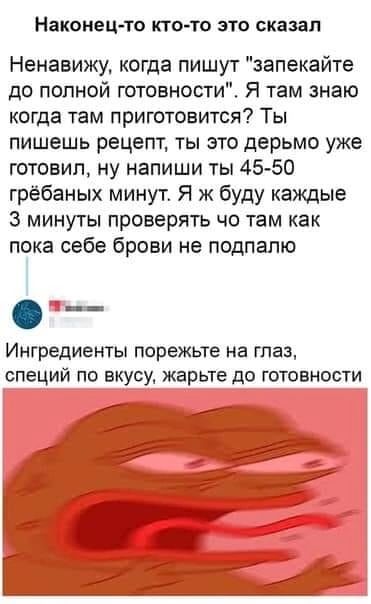Наконец то кто то это сказал Ненавижу когда пишут запекайте до полной готовности Я там знаю когда там приготовится Ты пишешь рецепт ты это дерьмо уже готовил ну напиши ты 45 50 грёбаных минут Я ж буду каждые З минуты проверять чо там как пока себе брови не подпалю ИНГРЕДИЕНТЫ порежьте на глаз специй по вкусу жарьте до готовности ва д вн ш