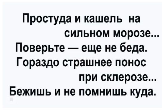 Простуда и кашель на сильном морозе Поверьте еще не беда Гораздо страшнее понос при склерозе Бежишь и не помнишь куда