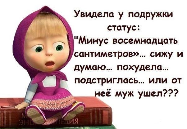 Увидела у подружки статус Минус восемнадцать сантиметров сижу и думаю похудела подстриглась или от неё муж ушел