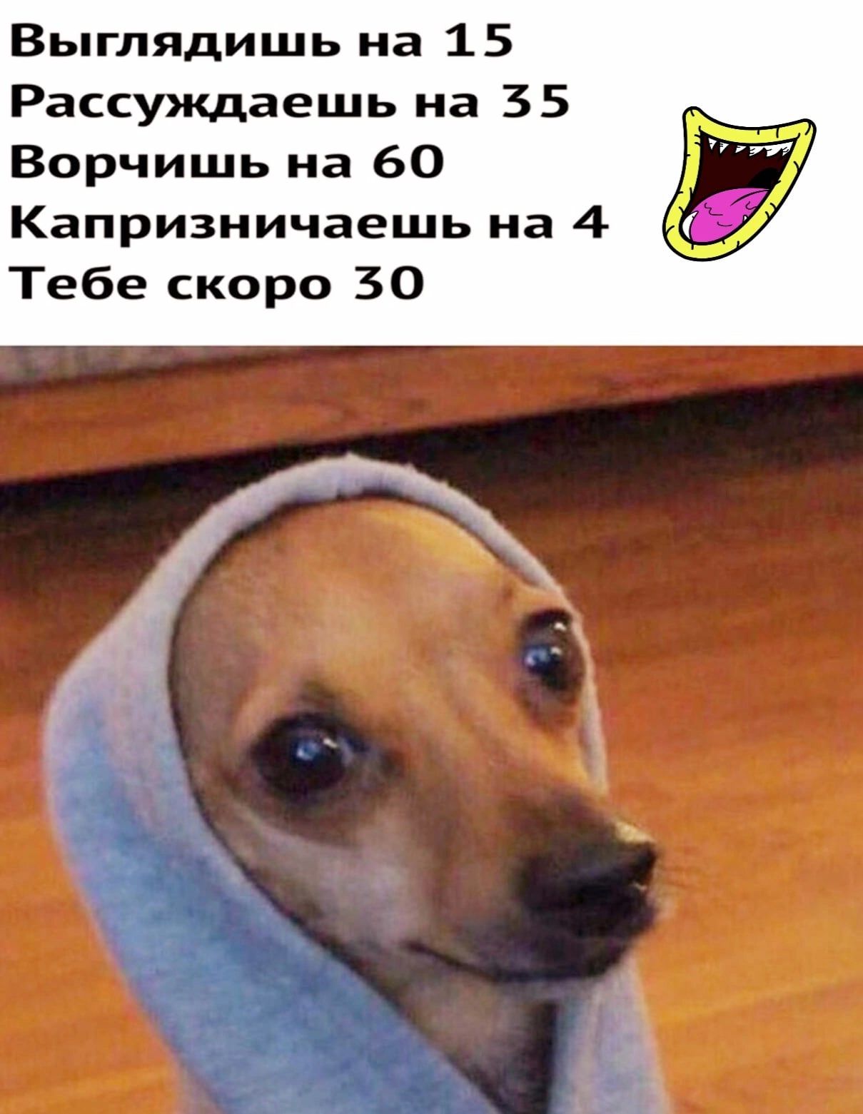 Выглядишь на 1 5 Рассуждаешь на 35 Ворчишь на 60 Капризничаешь на 4 Тебе скоро 30