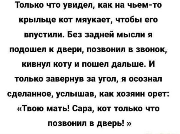 Только что увидел как на чьем то крыльце кот мяукает чтобы его впустили Без задней мысли я подошел к двери позвонил в звонок кивнул коту и пошел дальше И только завернув за угол я осознал сделанное услышав как хозяин орет Твою мать Сара кот только что ПОЗВОНИП В дВЕРЬ