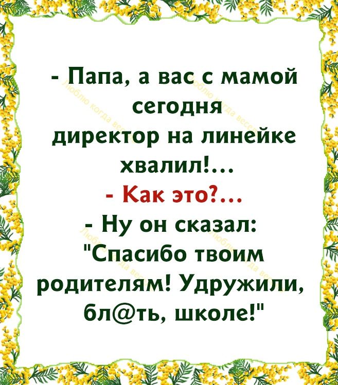 Папа а вас с мамой сегодня директор на линейке хвалил Как это Ну он сказал Спасибо твоим родителям Удружили блть школе