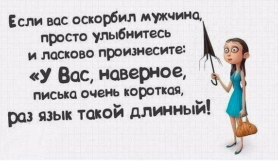 Если вас оскорбил мужчина просто улыбнитесь И ПОСКОВО произнесите У Вас наверное ПИСЬКО очень короткая раз язык такой длинный