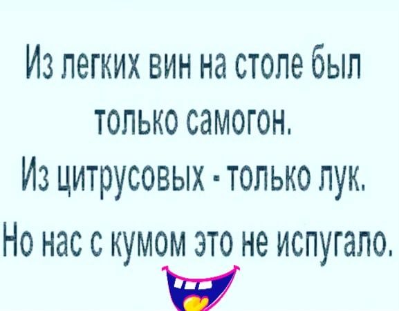 ИЗ ЛЕГКИХ ВИН Нд СТОЛЕ бЫП ТОЛЬКО СдМОГОН ИЗ цитрусовых ТОЛЬКО ЛУК НО НдС С КУМОМ ЭТО не испугало іі