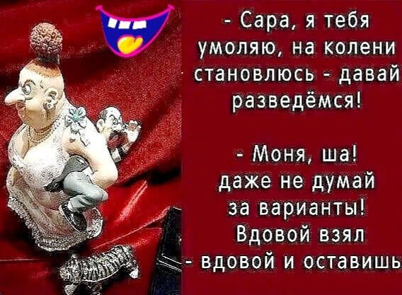 Сара я тебя умоляю на колени становлюсь давай разведёмся Моня ша даже не думай за варианты Вдовой взял дъ вдовой и оставишь
