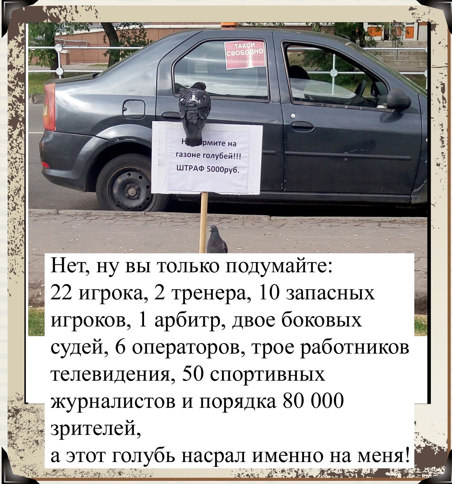 газоне голубей ШТРАФ 5000руб Нет ну вы только подумайте 22 игрока 2 тренера 10 запасных игроков 1 арбитр Двое боковых судей 6 операторов трое работников телевидения 50 спортивных журналистов и порядка 80 000 зрителей