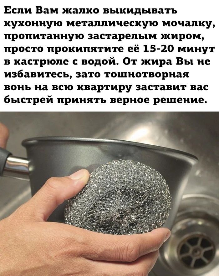 Если Вам жалко выкидывать кухонную металлическую мочалку пропитанную застарепым жиром просто прокипятите её 15 20 минут в кастрюле с водой От жира Вы не избавитесь зато тошнотворная вонь на всю квартиру заставит вас быстрей принять верное решение