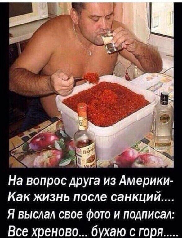 На вопрос друга из Америки Как жизнь после санкций Я выслал свое Фото и подписал Все ХРЭНОВО бухаю С Г ОПЯ