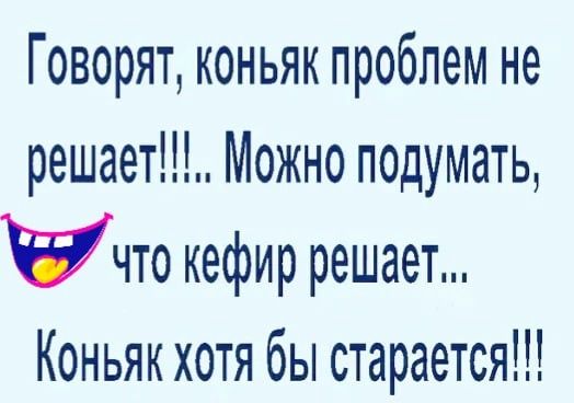 Говорят коньяк проблем не решает Можно подумать что кефир решает Коньяк хотя бы старается