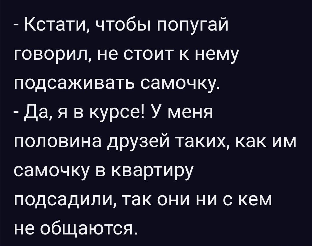 Кстати чтобы попугай говорил не стоит к нему подсаживать самочку Дая в курсе У меня половина друзей таких как им самочку в квартиру подсадили так они ни с кем не общаются