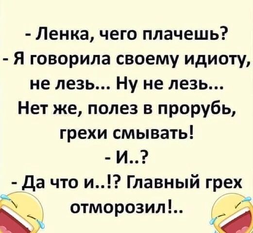 Ленка чего плачешь Я говорила своему идиоту не лезь Ну не лезь Нет же полез в прорубь грехи смывать И іда что и Главный гре__ отмо озил Бы И
