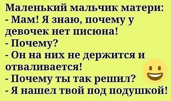 Маленький мальчик матери Мам Я знаю почему у девочек нет писюна Почему Он на них не держится и отваливается Почему ты так решил Я нашел твой под подушкой