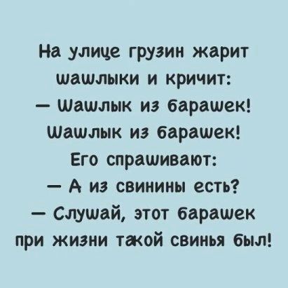 На улице грузин жарит шашлыки и кричит Шашлык из барашек Шашлык из барашек Его спрашивают А из свинины есть Слушай этот барашек при жизни такой свинья был
