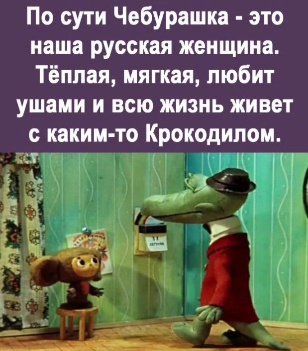 По сути Чебурашка это наша русская женщина Тёплая мягкая любит ушами и всю жизнь живет с каким то Крокодилом 4 _