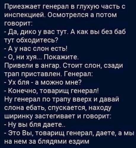 Приезжает генерал в глухую часть с инспекцией Осмотрелся а потом говорит да дико у вас тут А как вы без баб тут обходитесь А у нас слон есть 0 ни хуя Покажите Привели в ангар Стоит слон сзади трап приставлен Генерал Ух бля а можно мне Конечно товарищ генерал Ну генерал по трапу вверх и давай слона ебать спускается находу ширинку застегивает и говорит Ну вы бля даете Это Вы товарищ генерал даете а 