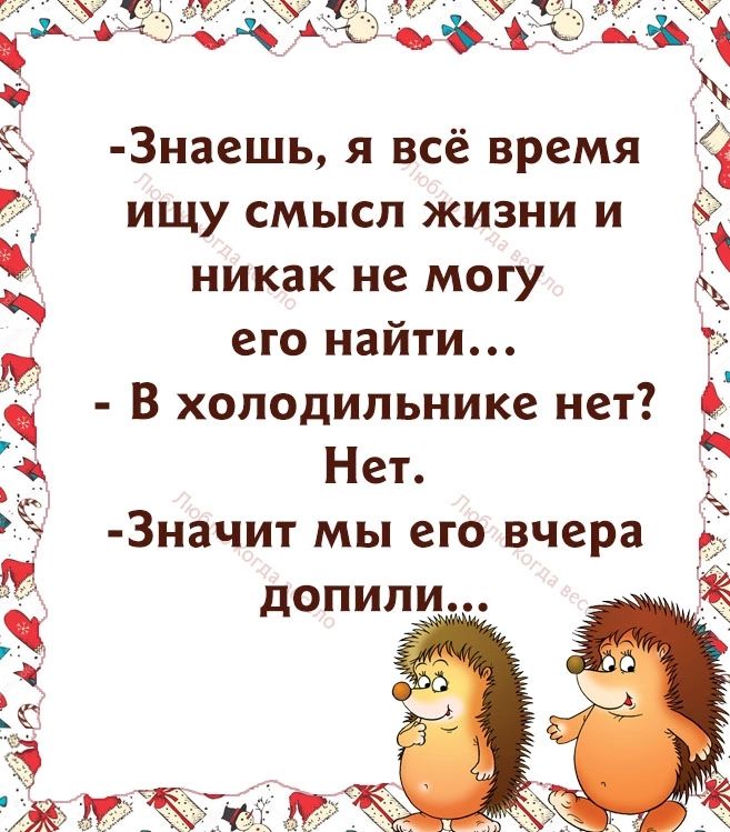 ищу смысл жизни и никак не могу его найти В холодильнике нет Нет 3начит мы его вчера допили