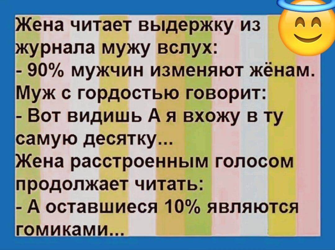 ена читает выдержку из урнапа мужу вслух 90 мужчин изменяют жёнам Муж с гордостью говорит Вот видишь А я вхожу в ту самую десятку ена расстроенным голосом продолжает читать А оставшиеся 10 являются и