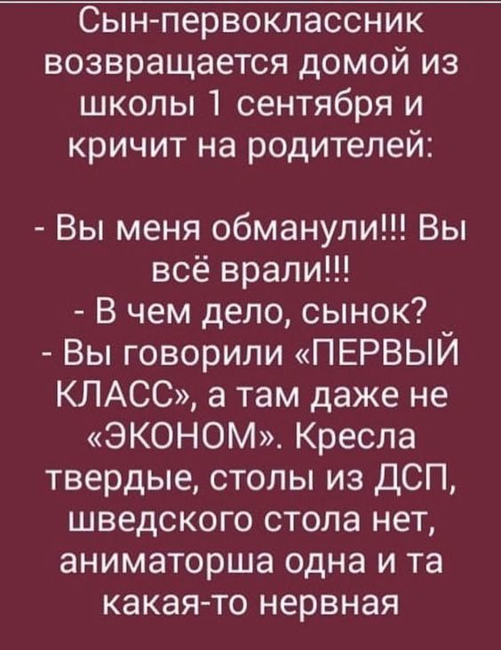Сын первоклассник возвращается домой из школы 1 сентября и кричит на родителей Вы меня обманули Вы всё врали В чем дело сынок _ Вы говорили ПЕРВЫИ КЛАСС а там даже не ЭКОНОМ Кресла твердые столы из ДСП шведского стола нет аниматорша одна и та какая то нервная