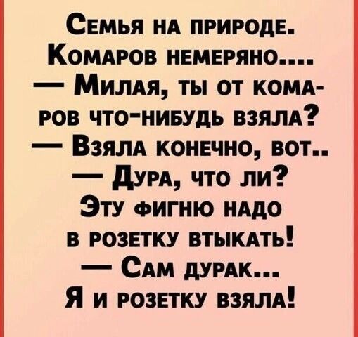 Семья нд природе Комдгов немеряно Милля ты от комд Ров что нивудь взяли Взялд конечно вот дум что ли Эту ФИГНЮ ишо в розетку втыкдть САМ думк Я и розетку взям