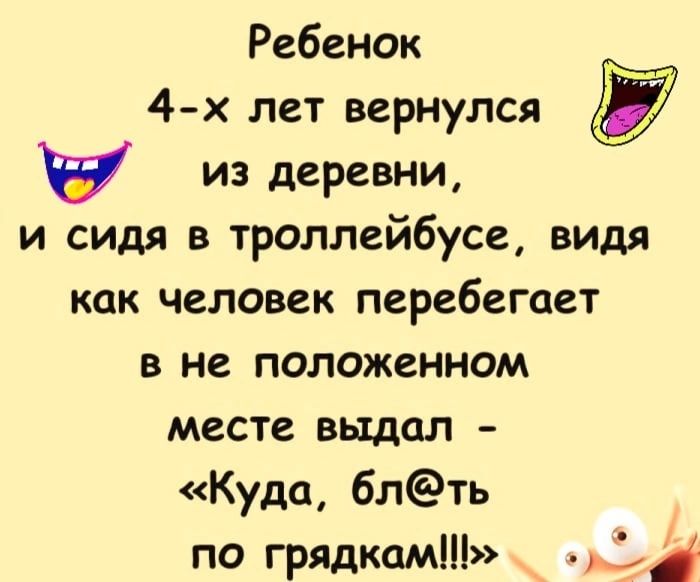 Ребенок 4 лет вернулся из деревни и сидя в троллейбусе видя как человек перебегает в не положенном месте выдал Куда 6лть по грядкам