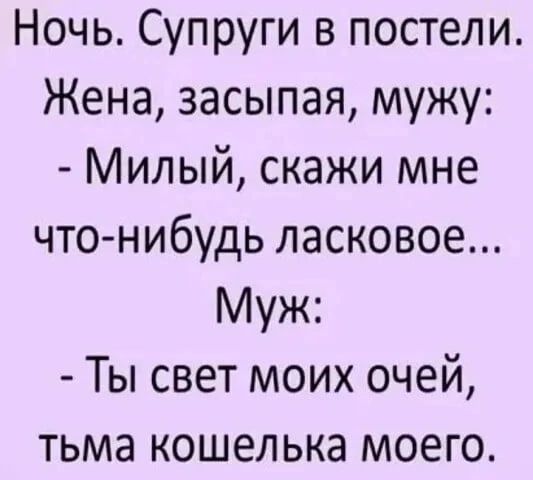 Ночь Супруги в постели Жена засыпая мужу Милый скажи мне что нибудь ласковое Муж Ты свет моих очей тьма кошелька моего