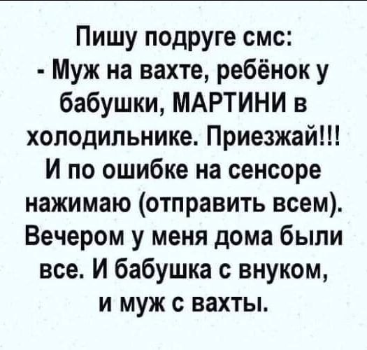 Пишу подруге смс Муж на вахте ребёнок у бабушки МАРТИНИ в холодильнике Приезжай И по ошибке на сенсоре нажимаю отправить всем Вечером у меня дома были все И бабушка с внуком и муж с вахты