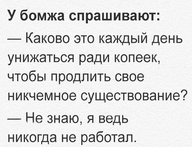 У бомжа спрашивают Каково это каждый день унижаться ради копеек чтобы продп ить свое никчемное существование Не знаю я ведь никогда не работал