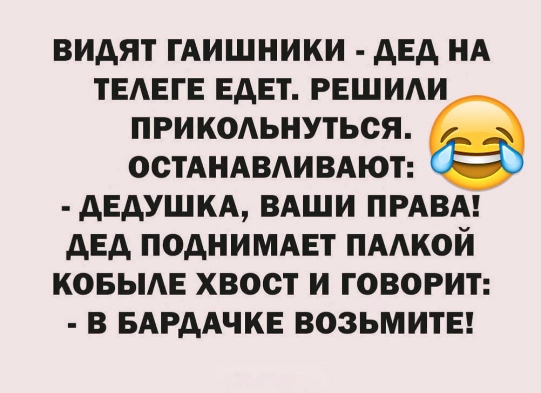 ВИдЯТ ГАИШНИКИ АЕА НА ТЕАЕГЕ ЕАЕТ РЕШИАИ ПРИКОАЬНУТЬОЯ ООТАНАВАИВАЮТ АЕАУШКА ВАШИ ПРАВА АЕА ПОАНИМАЕТ ПААКОЙ КОБЫАЕ ХВОСТ И ГОВОРИТ В БАРДАЧКЕ ВОЗЬМИТЕ