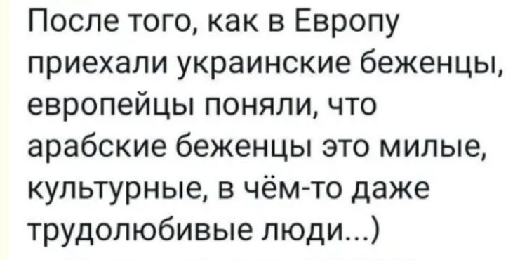 После того как в Европу приехали украинские беженцы европейцы поняли что арабские беженцы это милые культурные в чёмто даже трудолюбивые люди