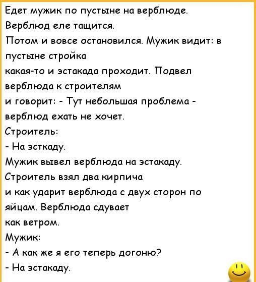 Едет мужик по пустыне нц прблюде Верблюд еле тщится Потом и ваш остановился Мужик пидит пустыне стройки какая то и эстакада проходит Подвел верблюда строителям и говорит Тут небольшая проблема верблюд гхпгь и хоча Строитель На эсткаду Мужик вывел верблюда эстакаду Строитель пвп ди кирпича и как ударит верблюда двух сторон по яйцам Верблюда сдувает кпк варам Мужик А как же ага теперь пашню На эстак