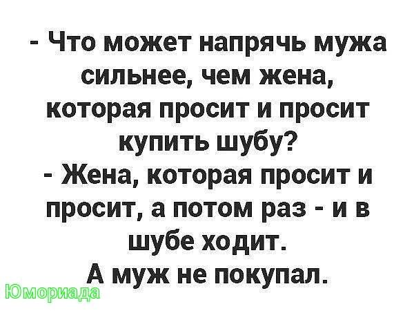 Что может напрячь мужа сильнее чем жена которая просит и просит купить шубу Жена которая просит и просит а потом раз и в шубе ходит А муж не покупал гцьш